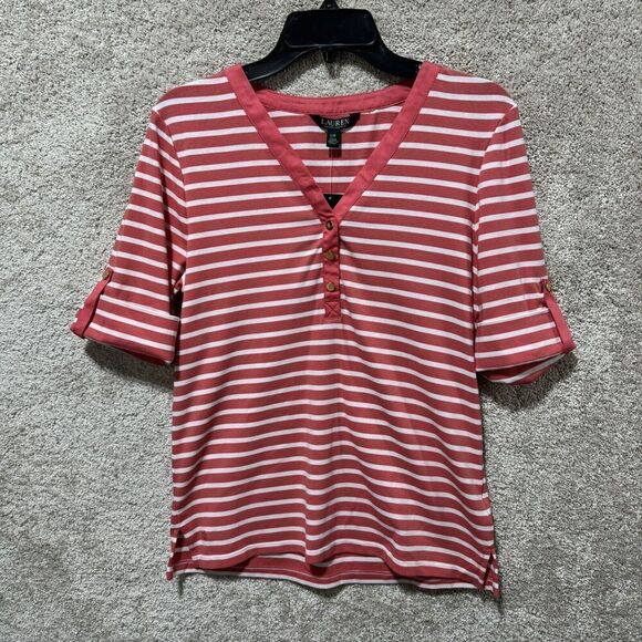 Lauren Ralph Lauren Shirt NWT Women's Large Orange Nautical Striped V Neck Top - Picture 1 of 9